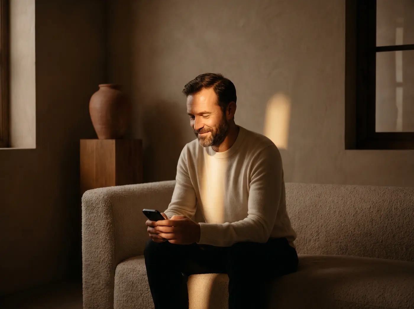 A man relaxing on his sofa in the evening, smiling at his phone